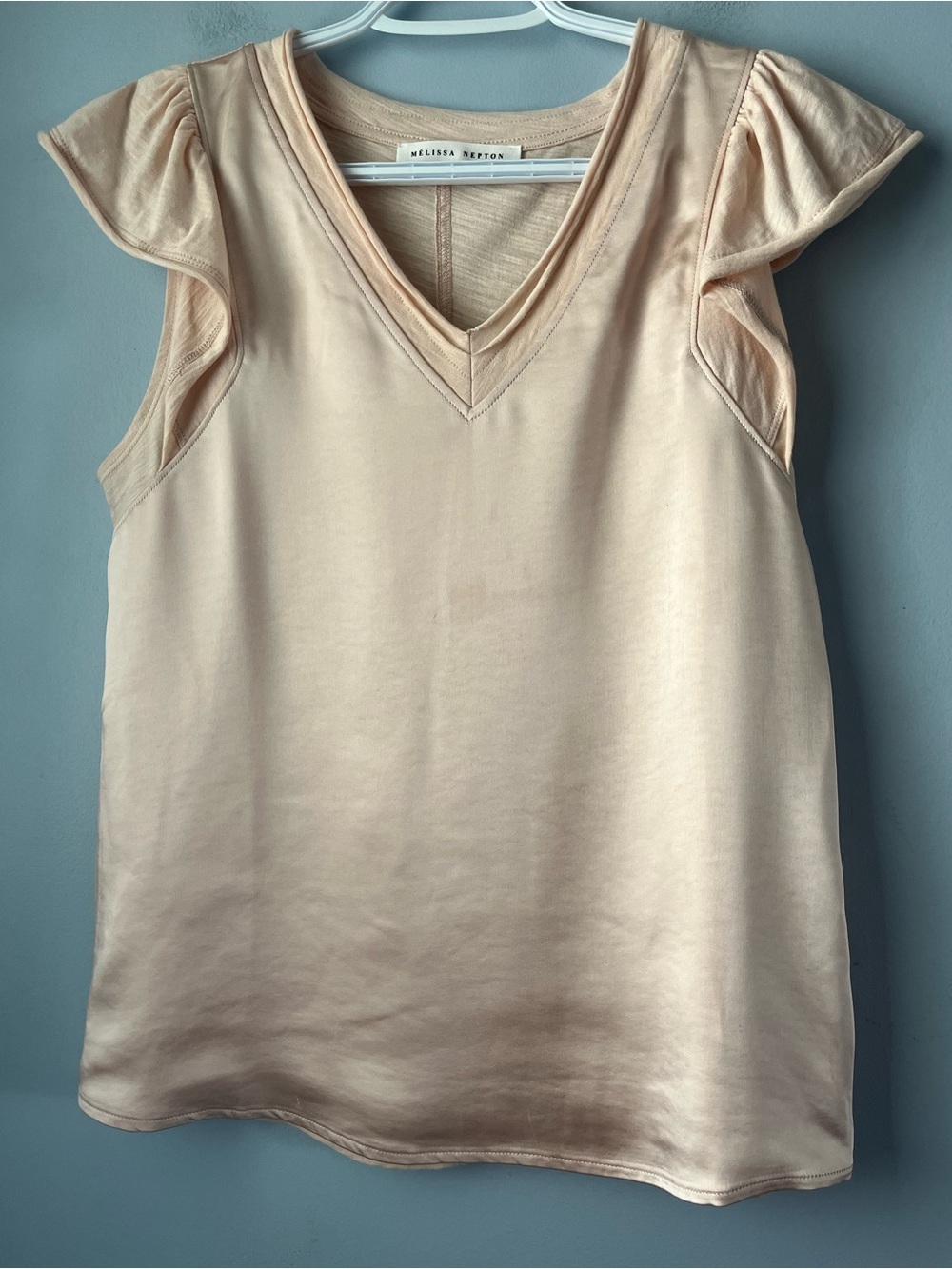 Melissa Nepton Blush Peach Pink Satin Front V-Neck Flutter Sleeve Top Size XS